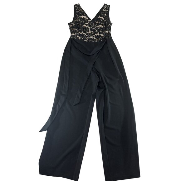 DKNY Black Wide-Leg Jumpsuit With Lace Bodice & Tie Waist Size 12 - Picture 1 of 9